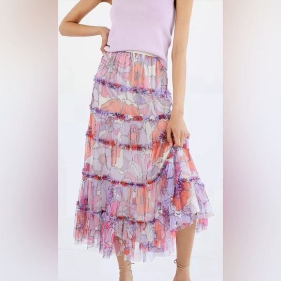 Anthropologie Dresses & Skirts - NWT Anthropologie Maeve Floral Tulle Tiered Ruffle A Line Purple Midi Skirt M